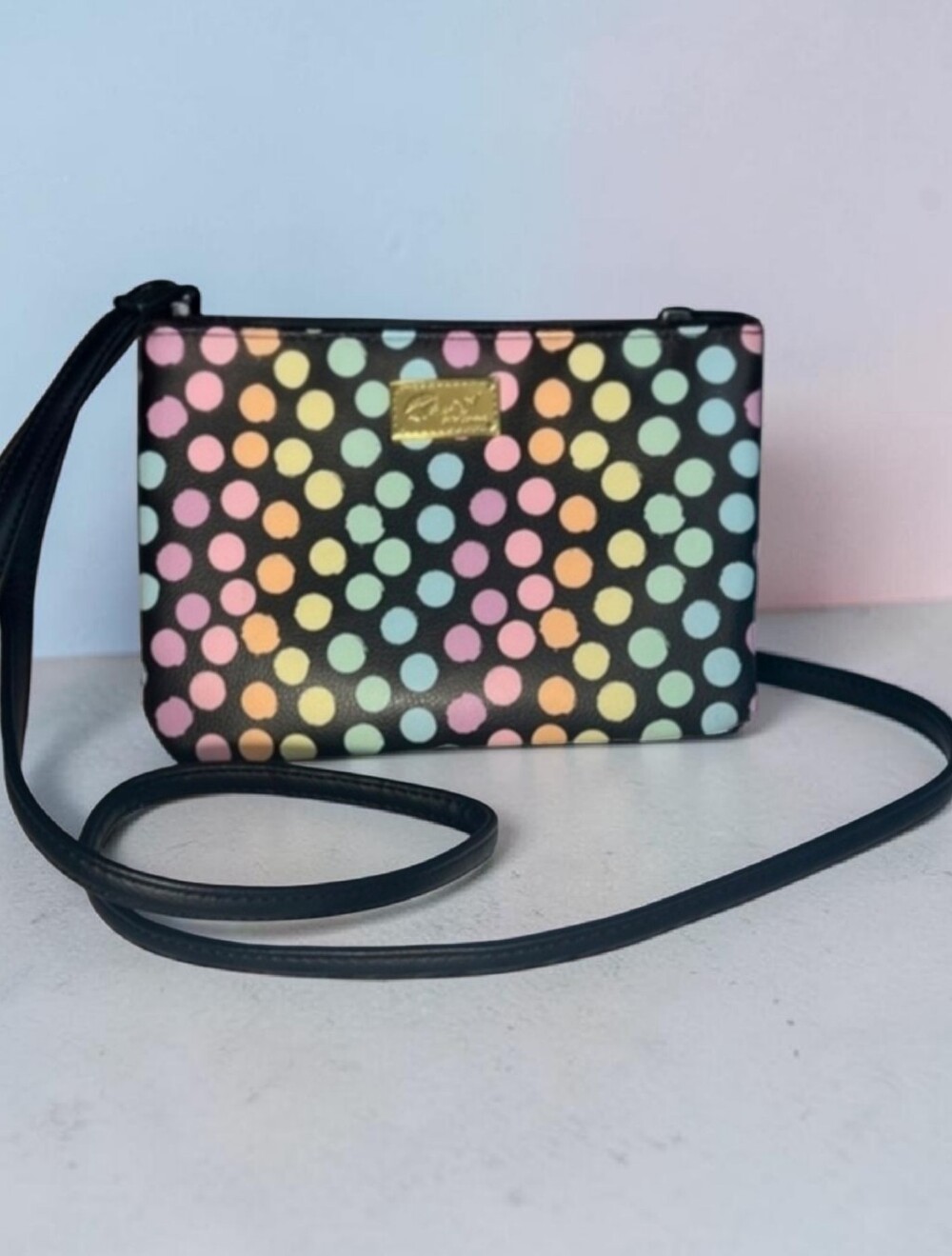 Betsey Johnson Crossbody, Black With Pastel Polka Dots, Like New, 8"x6"
